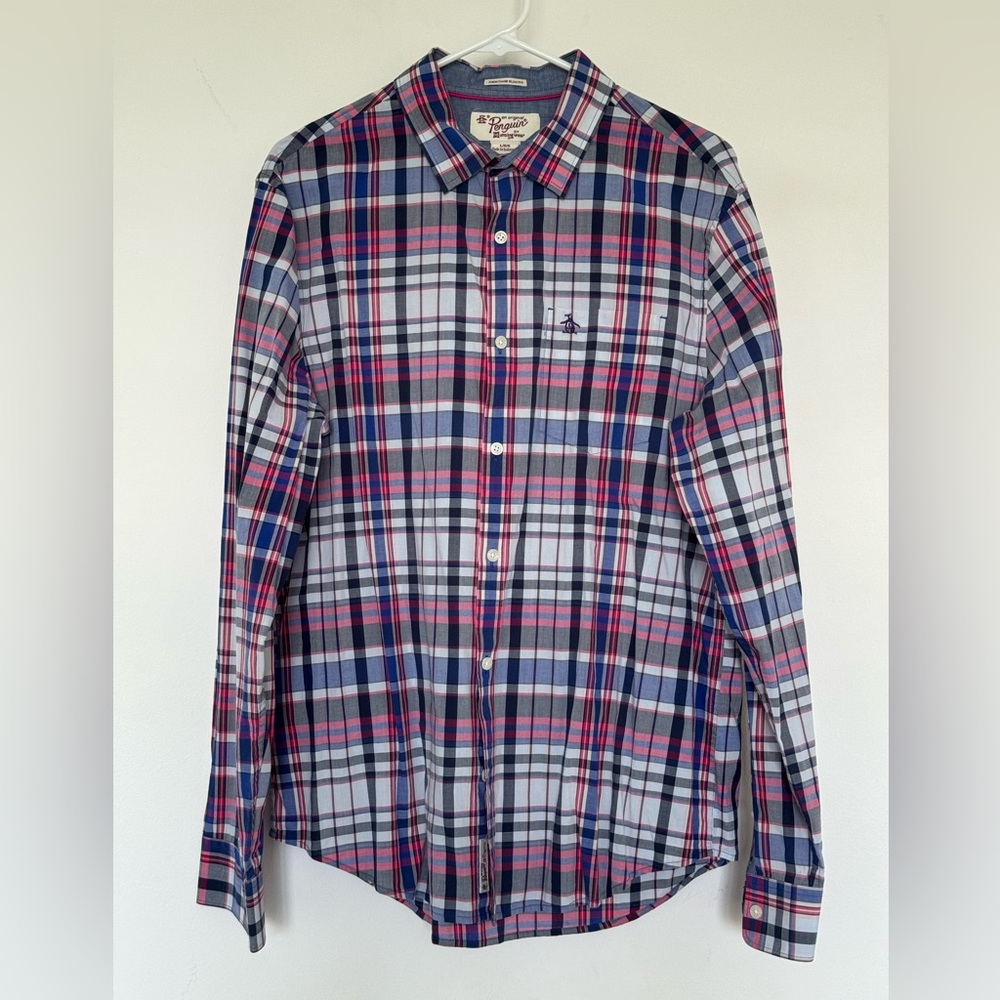 Original Penguin Blue, White and Red Button Down Shirt, Slim Fit, Cotton, size L